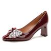 Zapatos de Tacón Alto de Punta Cuadrada para Mujer con Lazo y Pedrería Rojos para Boda Zapatos de Novia 2025 Nuevo Primavera y Otoño Zapatos Franceses de Tacón Grueso