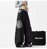 Jeans de Bolso com Estampa de Cobra de Design de Nicho High Street Marca Tendência Casual Solto Calça Reta de Perna Larga Unissex