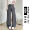 Calça azul marinho de perna larga com botões ocultos para mulheres, novo estilo outono 2026, solta e com bom caimento, calça reta de cintura alta, calça de alfaiataria petite