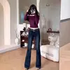Jeans Retrô Estilo Americano Azul Escuro Cintura Alta Tamanho Único Feminino Estilo Coreano Fashionable Slim-Fit Reto Tubo Stretch Calças Flare