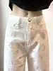 Pantalones vaqueros florales de nicho blancos, nuevo modelo otoño 2025, diseño de cintura alta, corte holgado, adelgazante, pierna recta, pantalones de algodón hasta el suelo