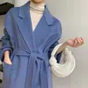 Traje de Abrigo de Lana Doble Cara Cuello de Solapa Perlas Largo por Encima de la Rodilla Holgado Ligero Maduro Lana Completa Otoño e Invierno Nuevo Abrigo con Cordones