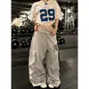 Pantalones de Chándal de Cintura Alta con Múltiples Bolsillos Estilo Workwear Americano para Mujer Verano High Street Sueltos de Pierna Ancha Estampado de Letras Casuales Pantalones Largos