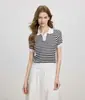 Elegante camiseta de punto a rayas con cuello polo de manga corta para mujer, nuevo estilo de verano, corte holgado, adelgazante y versátil.