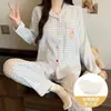 Pijama de dibujos animados estilo japonés para mujer, primavera y otoño, con copas en el pecho, cuadros de algodón nube, manga larga, pantalón largo, conjunto holgado para casa