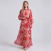 Vestido Estampado Palácio Retrô para Mulheres Gola Redonda Mangas Longas Sino com Cinto Solto Corte A Bainha Larga Vestido Longo de Férias