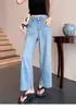 Jeans Acortados de Tencel Talla Grande para Mujer, Estilo Delgado de Otoño, Pantalones Rectos de Pierna Ancha Adelgazantes de Seda de Hielo Sueltos de Cintura Alta para Mujeres de Talla Grande
