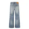 K5303 High Street Estilo Americano Unisex Tendencia Callejera Azul Lavado Diseño de Desgaste Jeans Retro Micro-Acampanados para Hombre