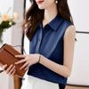 Camisa de Chiffon Retrô Vermelha Branca com Lapela Feminina Verão Elegante Top com Colete Sem Mangas de Alfaiataria de Alta Qualidade