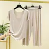 Nuevo Conjunto de Manga Corta de Modal + Pantalones Cortos para Mujer, Holgado y Adecuado para Usar al Aire Libre, Conjunto de Dos Piezas con Pantalones Cortos Casuales con Volantes