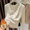 Camisa de renda com forro de fleece e decote V para mulheres, de manga longa, corte justo, camisa base modeladora, camisa base de camada interna de renda feminina