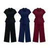 Conjunto de verão feminino estilo casual retrô, novo conjunto de duas peças redutor de medidas com top de manga curta com cadarço e calça pantalona de cintura alta