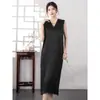 Vestido Sencillo de Cuello en V con Textura Plisada de Ácido Acético Vintage con Abertura Lateral Elegante Suelto de Satén Sin Mangas Falda para Verano