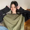 Camiseta de manga larga suelta estilo americano para hombre, hombro raglán, para principios de primavera, vintage, estampado de letras suelto, bloques de color, camiseta básica