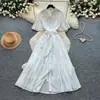 Vestido de estilo coreano, suave y elegante, con cuello de muñeca y mangas de farol para mujer, diseño de verano calado con tiras para atar, entallado en la cintura, falda línea A larga y estilizada