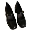 Versión de Cuero Suave~Zapatos de Mujer Estilo Retro Coreano Francés con Tacón Grueso Cómodos, Zapatos Mary Jane Negros de Punta Cuadrada