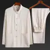 Camisa Hanfu de Manga Longa Estilo Chinês para Homens, Roupas para Meia-Idade e Idosos, Conjunto Tang Suit Fino e Respirável de Verão para Vovô