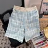 Pantalones cortos de punto a cuadros estilo Chanel para hombre, verano, finos, retro americano, de cinco puntos, ropa exterior, pantalones de playa, pantalones deportivos de longitud media