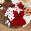 Roupas de bebê AliExpress, nova coleção primavera/outono, macacão com estampa de coração temática do Dia dos Namorados, macacão vermelho com saia bufante, inclui uma faixa de cabelo