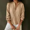 Ropa Femenina Europea y Americana Transfronteriza 2025 Amazon Nueva Camisa de Algodón y Lino de Rayas de Color Sólido con Cuello en V de Manga Larga Casual para Mujer
