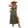 Tiktok Verano Venta Caliente Vestido con Cuello en V y Mangas con Volantes Comercio Exterior Europeo y Americano Vacaciones Cintura Alta Abertura Casual Largo para Mujer