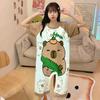 Ropa de Casa Hilo Hielo Seda Verano Mujer Manga Corta Dibujos Animados Longitud Media Cuello Redondo Bata de Dormir Vestido Pijama Delgado para Usar Afuera