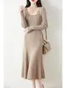 Falda de Lana para Otoño e Invierno para Mujer Vestido de Cuello en U Grande Falda Larga hasta la Rodilla para Mujer Falda de Punto Ajustada de Cola de Pez Traje