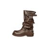 Botas de Cuero con Hebilla Cuadradas y Brillo Ámbar, Estilo Nuevo Otoño e Invierno 2026, con Piernas de Pantalón Apiladas Estilo Western para Mujer