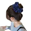 Goma para el pelo scrunchie de tela estampada estilo retro vintage con pedrería de cielo estrellado de alta gama y estampado de moño de color sólido