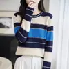Suéter de punto retro a rayas de color block estilo francés para mujer, cuello redondo, mangas largas, corte ajustado, suéter base de punto fino