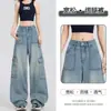Pantalones de mezclilla de pierna ancha de estilo americano Workwear Retro de cintura alta holgados multibolsillos versátiles de largo hasta el suelo High Street para mujer