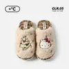 Chinelos de algodão genuínos Sanrio da Kitty para mulheres, chinelos quentes de pelúcia para outono e inverno, chinelos de pelúcia antiderrapantes para casa