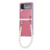 Funda Plegable para Teléfono Samsung ZFlip4 Funda de Cuero Láser Funda Protectora Zflip3 Funda de Cuero con Cadena Colgante de Perlas de Mano
