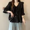 Camisa de Gasa con Cuello Volante y Mangas Tres Cuartos Nueva de Verano para Mujer Talla Grande, Top Holgado Adelgazante y Versátil que Cubre el Vientre