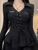 Camiseta Preta Elegante de Manga Longa com Decote V, Estilo Hot Girl para Mulheres no Outono e Inverno, Top Justo com Design Estiloso e uma Camada Base por Baixo