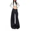 Jeans de pierna ancha con botones, diseño deconstruido plisado, color Naranja Juvenil # para mujer, corte holgado, adelgazante, de nicho, modernos, versátiles, de largo hasta el suelo