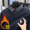 Suéter de malha masculino com forro de fleece, espessado, imitação de duas peças, gola de camisa, casual, cor sólida, versátil, quente, para outono e inverno