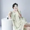Verão Algodão Seda Cinto Almofada de Peito Camisola Mulheres de Meia Idade Manga Curta Mãe 45 Algodão Artificial Roupa de Casa Pijama Saia