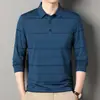 Camiseta Tendência de Manga Longa para Homens, Meia-Idade e Idosos, com Gola Reversível, Estilo Pai, Listrada, com Bolsos, Blusa para Primavera e Outono