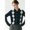 Suéter de cachemira suave y cómodo para mujer, con cuello tipo polo, tejido de rombos, corte holgado y efecto adelgazante. Se puede usar como cárdigan o como top con cuello desplegado.