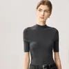 Estilo nuevo, elegante y discreto: Suéter de punto fino 100% lana, corte ajustado, manga corta para mujer, con cuello semialto y manga tres cuartos, perfecto como capa base