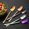 Cuchara y tenedor de ensalada de acero inoxidable 304, cuchara de comida occidental de doble propósito integrada, cuchara de mango largo para postres de frutas y pasteles, tenedor de superficie