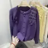 Suéter de Flores Tridimensionales de Industria Pesada Estilo Coreano Primavera y Otoño Nuevo Elegante Suave Estilo Commuter Cuello Redondo Cárdigan de Punto Superior para Mujer