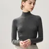Suéter de punto 100% lana pura de corte ajustado con cuello alto para mujer, capa base de color liso para otoño e invierno, top de suéter de manga larga