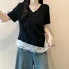 Ropa para Mujer Tallas Grandes 2026 Verano Nuevo Estilo Empalme de Encaje Dobladillo Irregular Manga Corta Camiseta Camisa Base Top