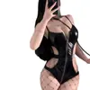 Lencería Sexy, Mono de Cuero Ajustado, Body con Cremallera y Abertura en la Entrepierna, Realce para Busto Pequeño, Uniforme de Motociclista