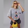 Verão 2025 Estilo Americano Vintage Algodão Puro Batik Lavagem de Água Estampa Antiga Divertida Estilo Europeu e Americano Blusa de Lavagem Ins