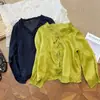 Camisa de Encaje Tencel Ramio Estilo Retro Francés con Volantes Cuello en V Camisa de Corbata para Mujer Versátil Color Sólido Cardigan Protector Solar
