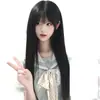 Peruca com Franja Natural Longa Preta para Mulheres, Estilo Lolita, Adequada para Rostos Redondos, Estilo Jk, Peruca Cheia Longa Preta Lisa, Peruca Versátil