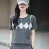 Nuevo Estilo Primavera y Verano 2026 Algodón Puro Cuello Redondo Tejido de Punto Manga Corta Jacquard de Diamantes Corte Holgado Camiseta de Base Camiseta Top